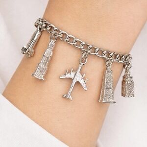 VTG Chicago Landmarks Charm Bracelet Travel Souvenir Airplane Skyline Silver 7"